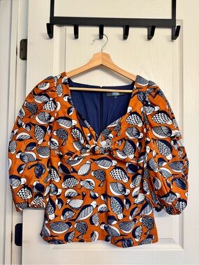 Eva Franco Orange Puff-Sleeve Top with Navy and White Bird Print
